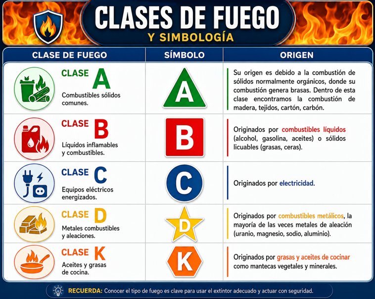 Infografía de clases de fuego A, B, C, D y K con su símbolo y origen: sólidos, líquidos inflamables, equipos energizados, metales combustibles y aceites de cocina