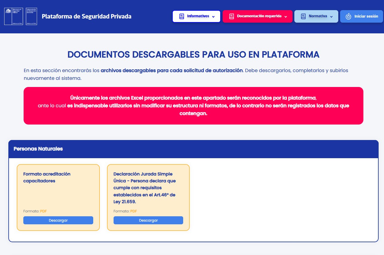 Sección Personas Naturales en la página de documentos descargables de la Plataforma de Seguridad Privada, con el botón para descargar la Declaración Jurada Simple Única en PDF